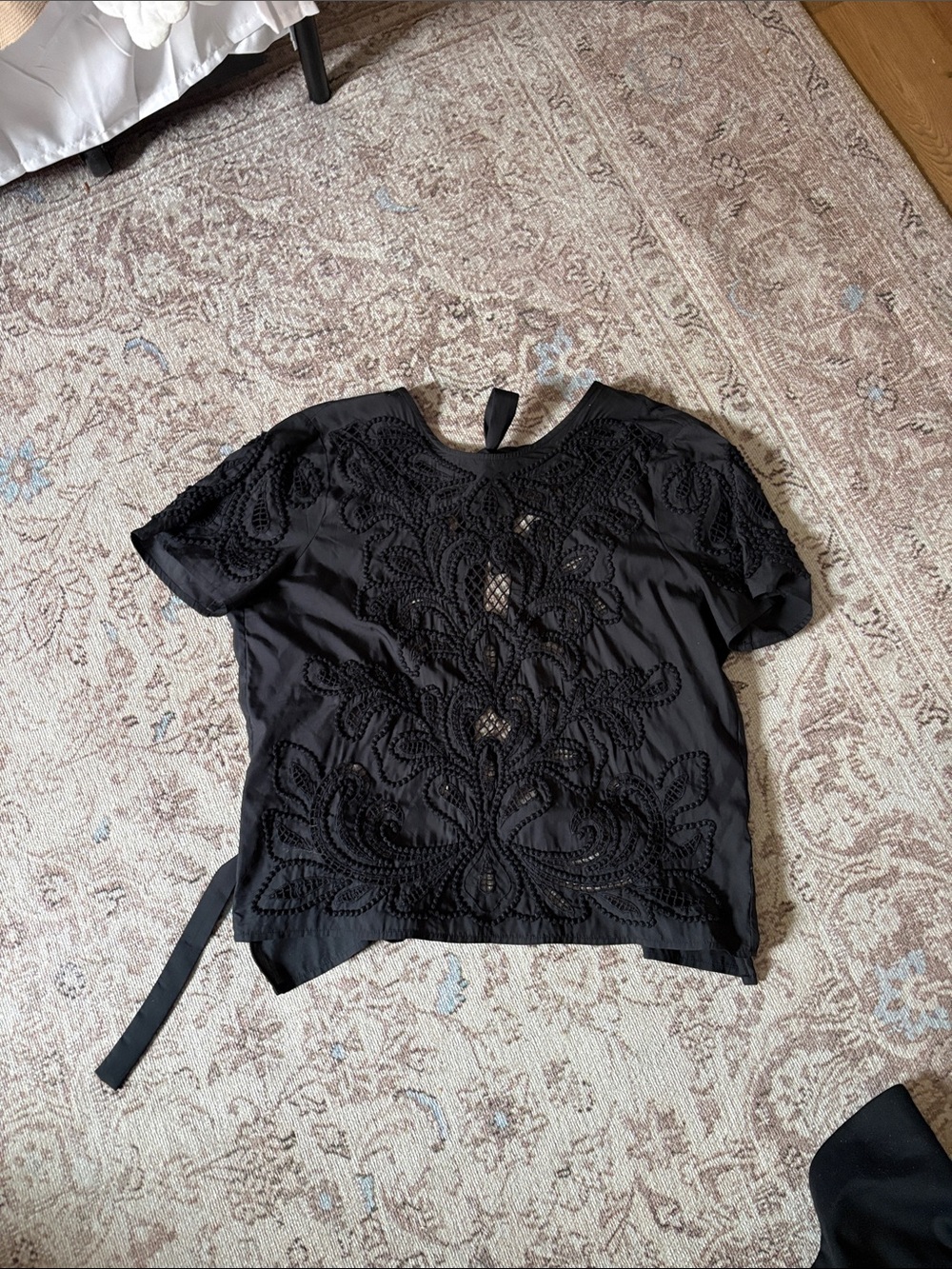 Reiss Black Short Sleeve Embroidered Blouse